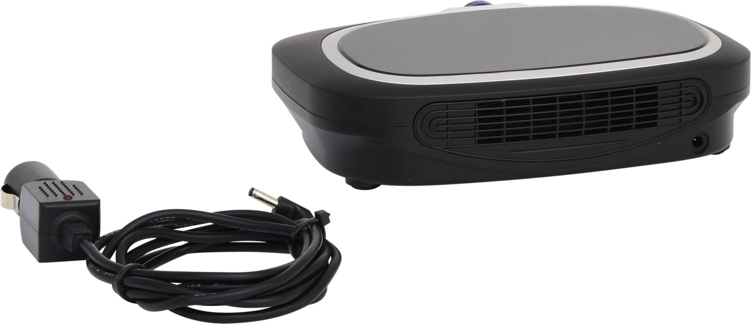 Car heater fan with cable for cigarette lighter socket, portable, black. Enables rapid heating of the vehicle.