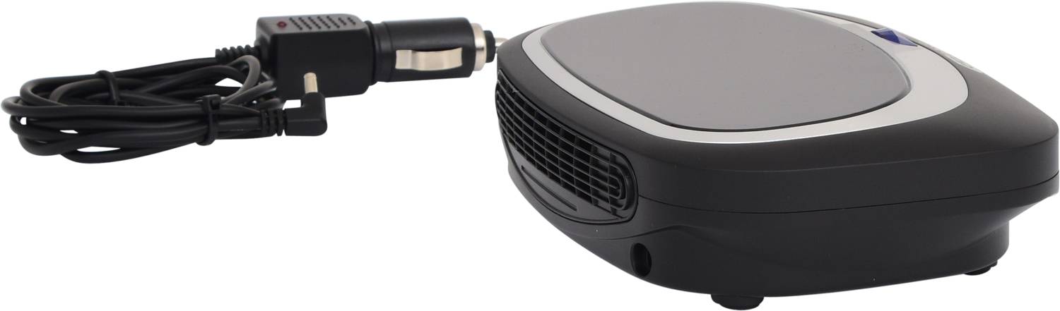 Portable car air humidifier in a black casing with 12V plug and cable, suitable for connection in a vehicle.