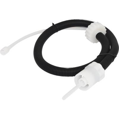 A black, flexible hose with white connectors at both ends, possibly part of a technical device or pump.