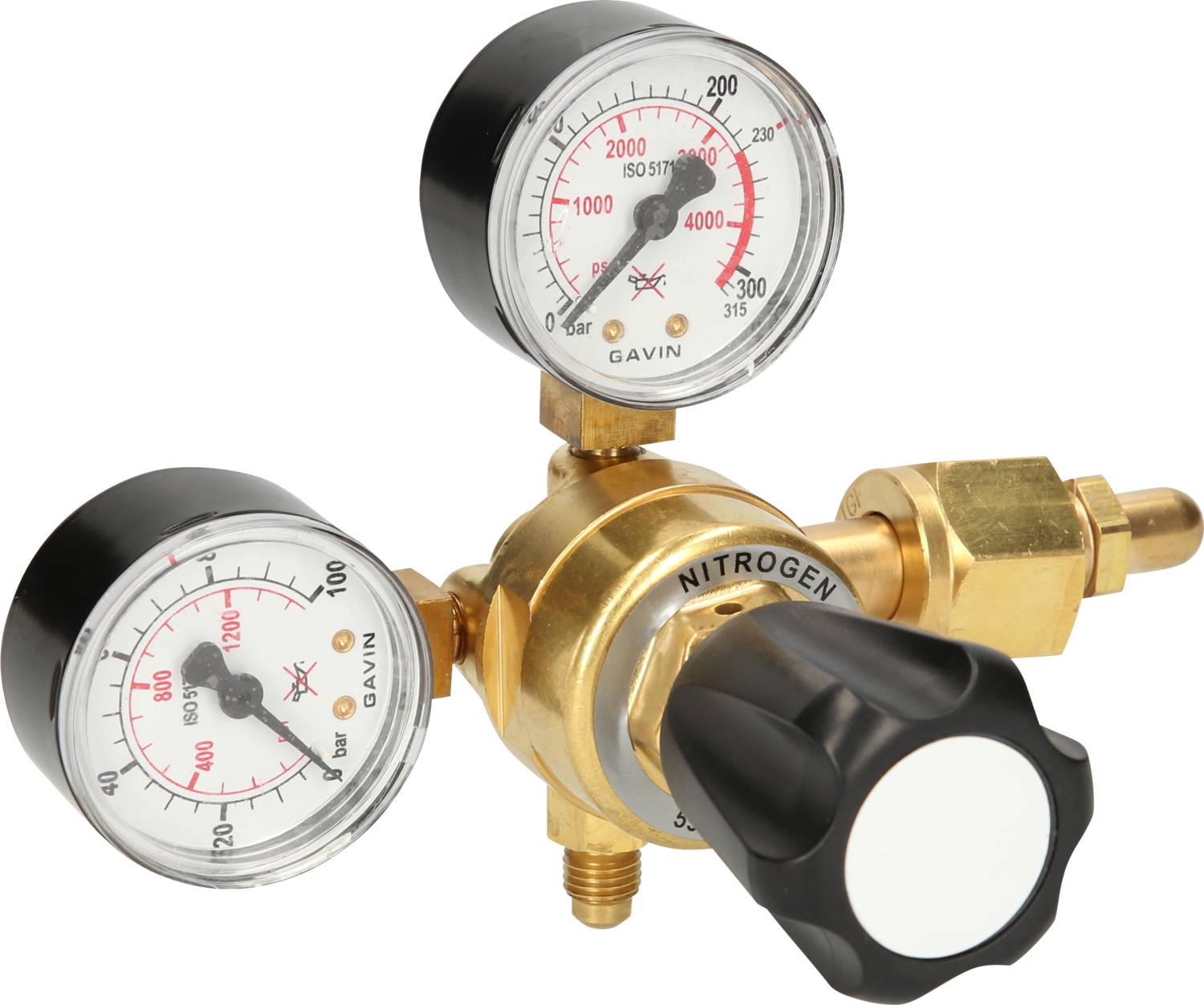 'Pressure regulator with three manometers for monitoring nitrogen pressure. Two indicators display pressure in PSI and bar, brass housing.'