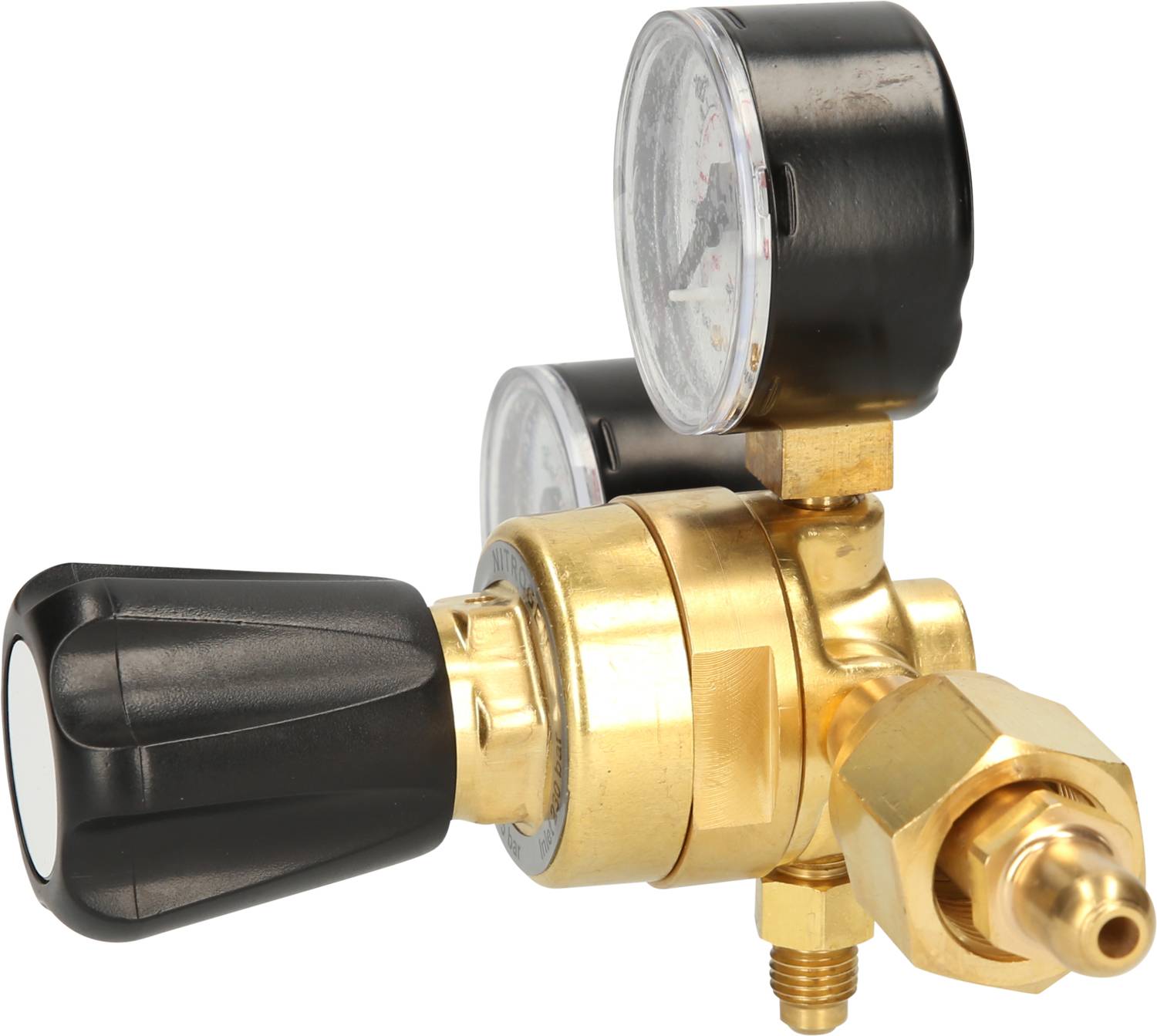 A brass pressure regulator with two manometers for measuring pressure, with a black adjustment knob on the left side.