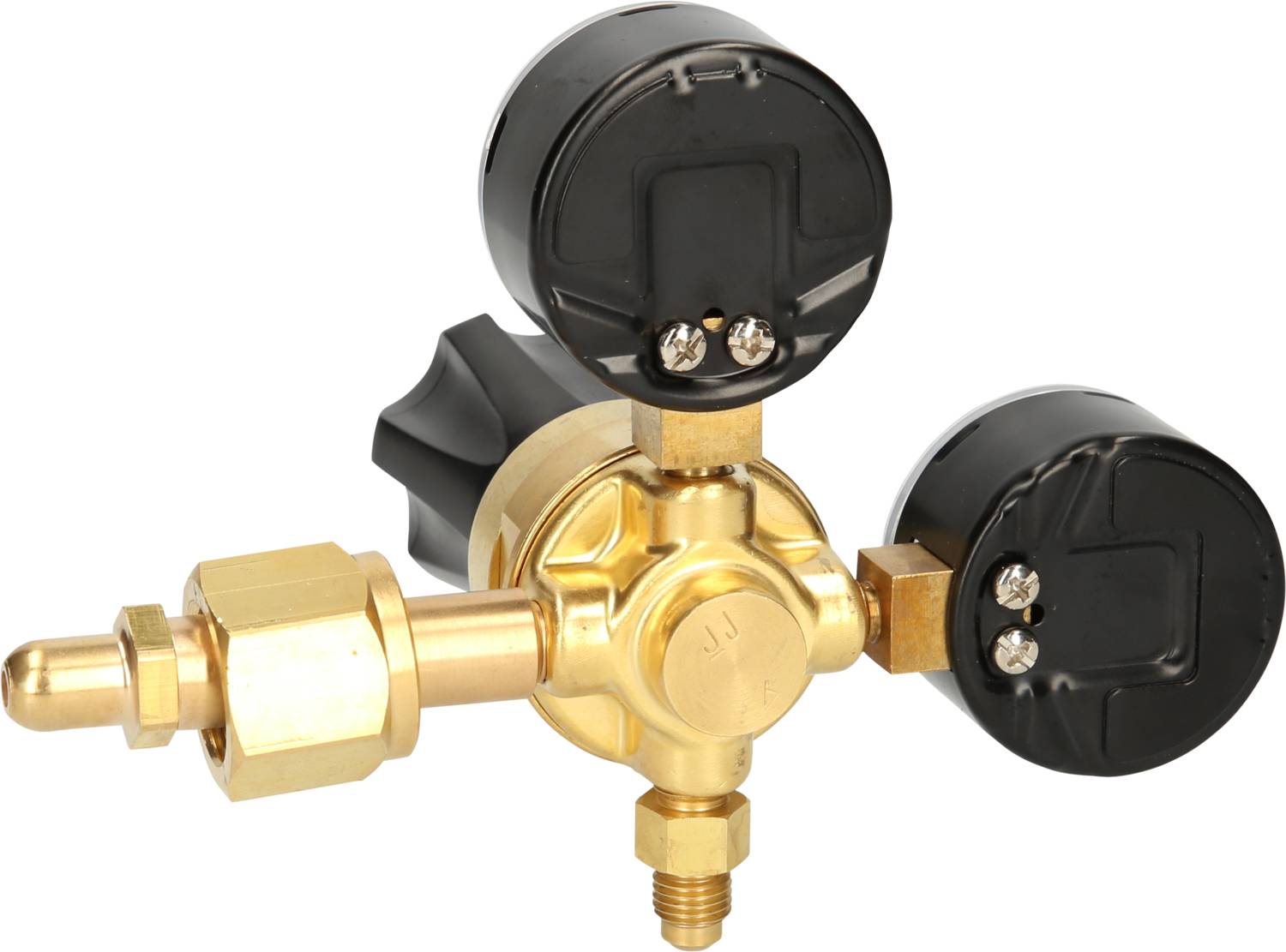 A brass measuring instrument with two black indicators and a connection point. Used for regulating gas or air pressure.