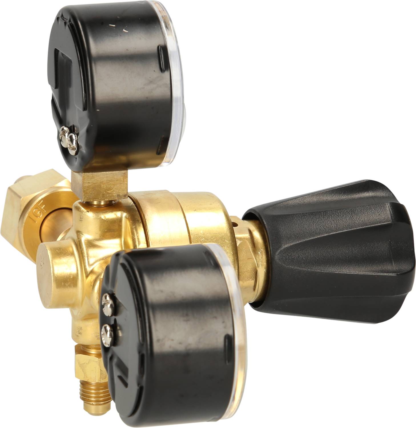 A metallic valve with two black pressure gauges indicates the pressure. It has two black rotary handles for manual adjustment.