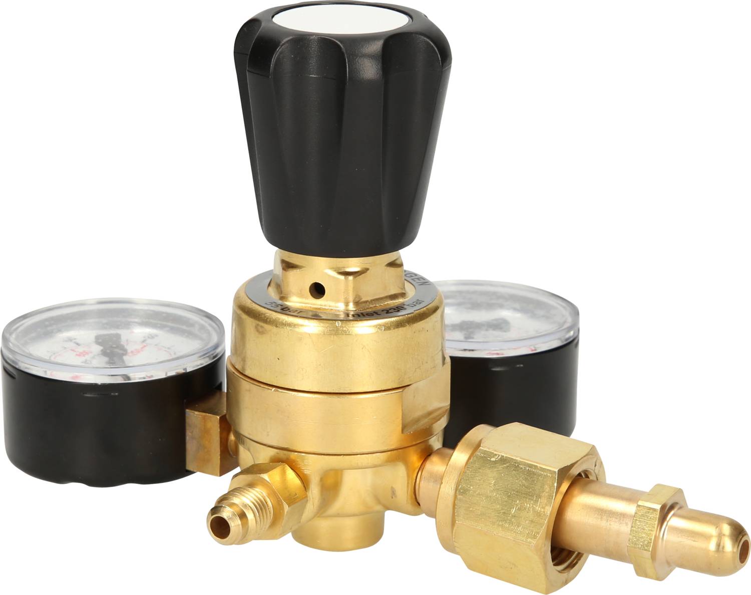 'Pressure reducer with two manometers, black rotary knob and brass connections, for regulating gas pressure in a system.'