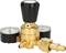 'Pressure reducer with two manometers, black rotary knob and brass connections, for regulating gas pressure in a system.'