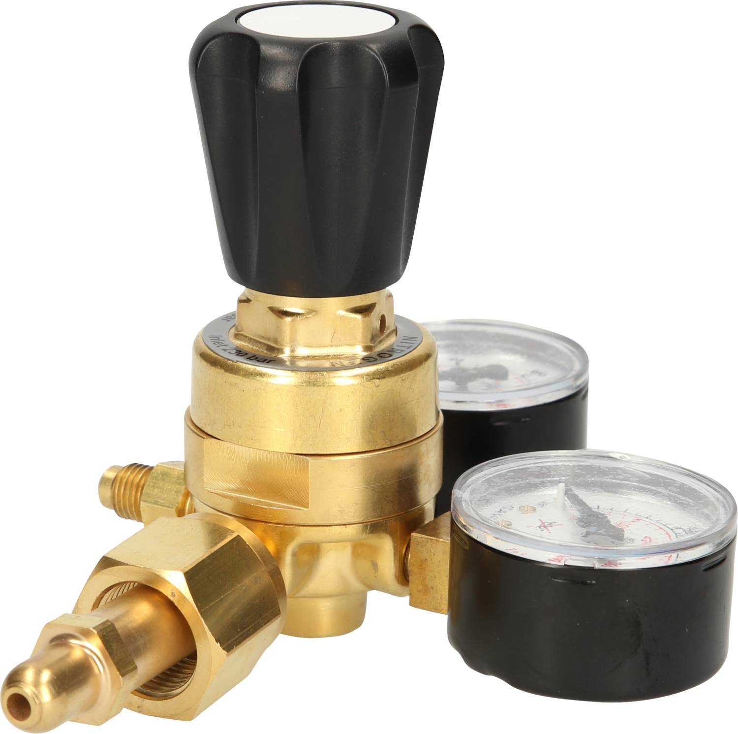 A brass pressure regulator with two pressure gauges. The device is used to regulate gas pressure and displays current pressure values.