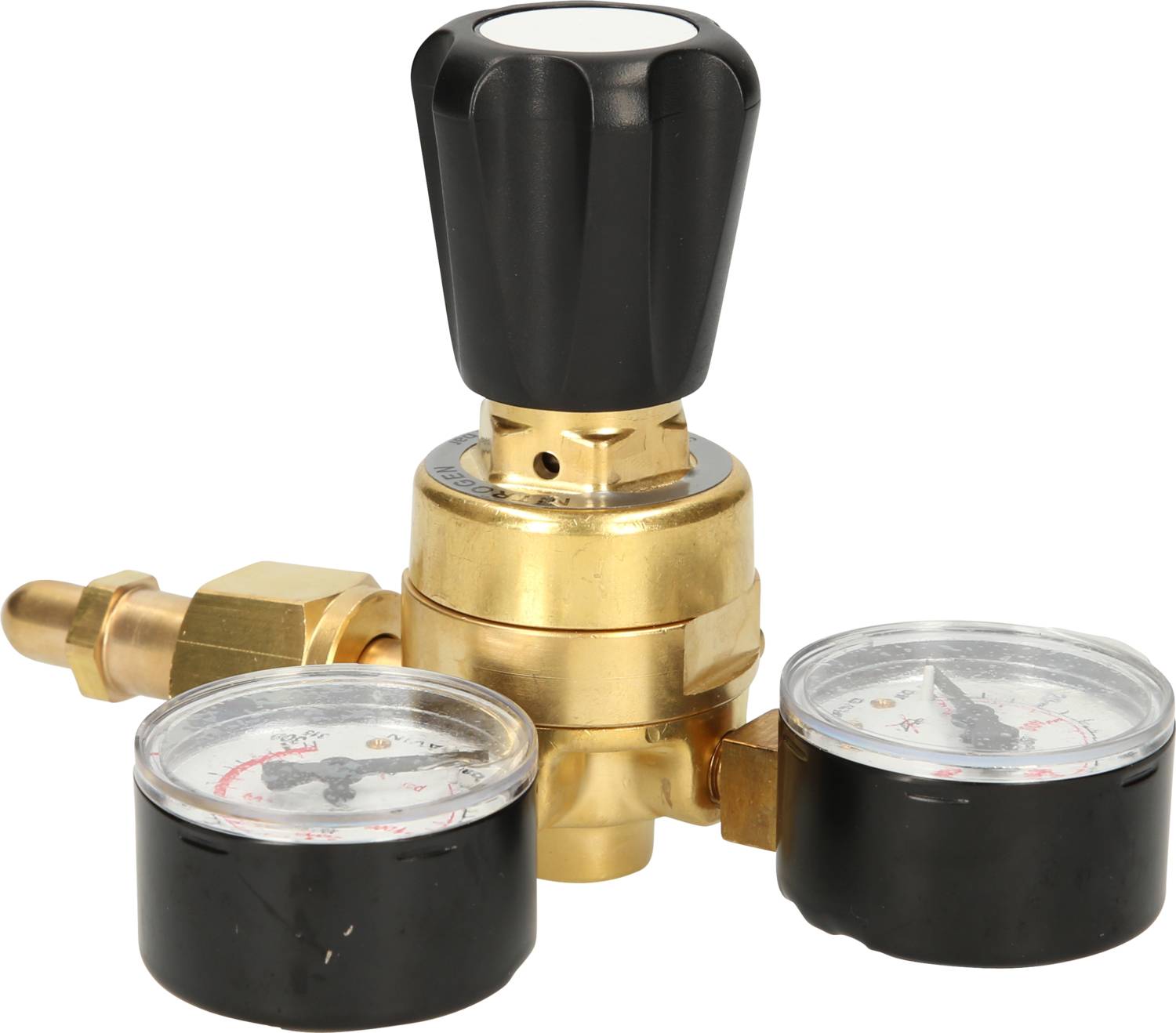 A measuring device with two pressure gauges and a rotary control knob on a gold-coloured valve, for controlling gas flows.