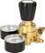 Brass gas pressure regulator with two pressure gauges and a black rotary knob, used for regulating gas flow in technical applications.