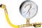 Pressure gauge with manometer on a yellow hose, showing pressure in different colour ranges: blue, green, red.