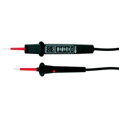An electrical testing device with two probes; one shows a red tip, the other a black tip with buttons for voltage settings.