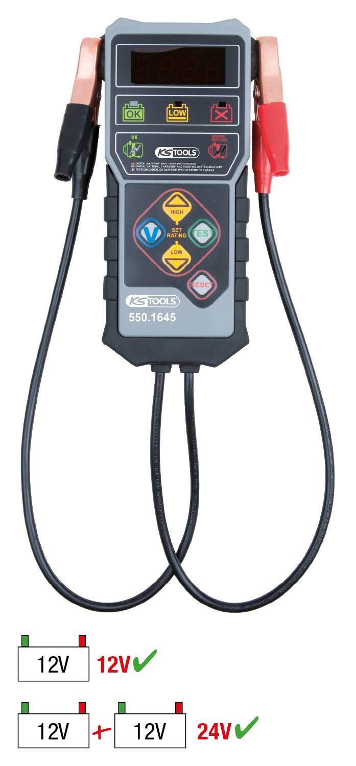 'Battery tester with black clips. Shows symbols and LEDs for battery condition. Suitable for 12V and 24V batteries.'