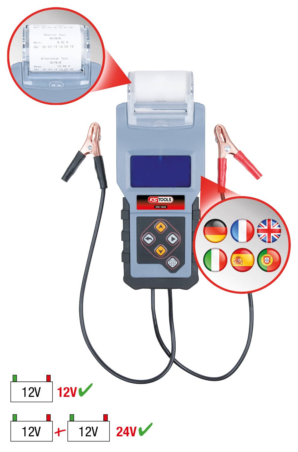 Battery tester with printer and various language menu options. Equipped with terminals for connecting to 12V and 24V batteries.
