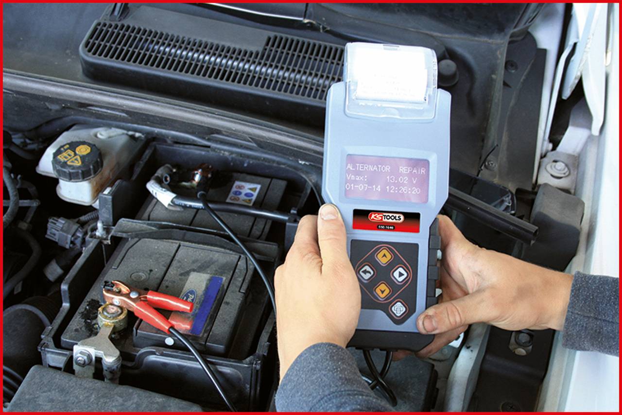 A person is using a diagnostic device to check the alternator of a car. On the left side of the image, the car battery is visible.