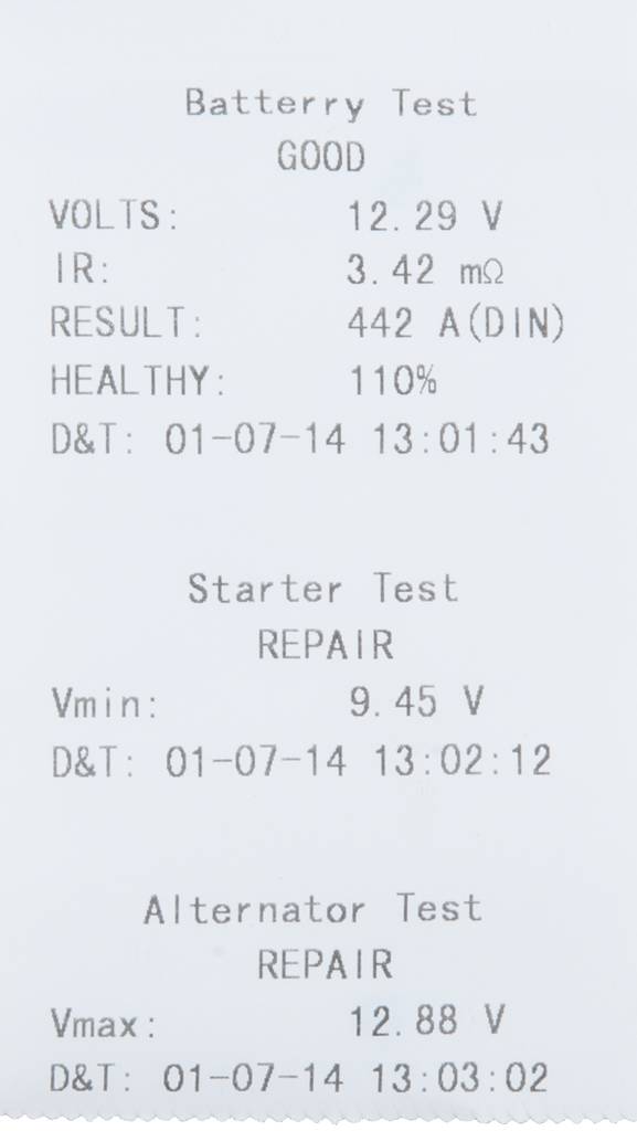 Battery Test Results: Battery Condition 'GOOD', Starter and Alternator Condition 'REPAIR' with Measurement Values and Date.