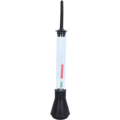 Hydrometer for measuring the density of liquids, with a transparent cylinder and a measurement scale in red and green.