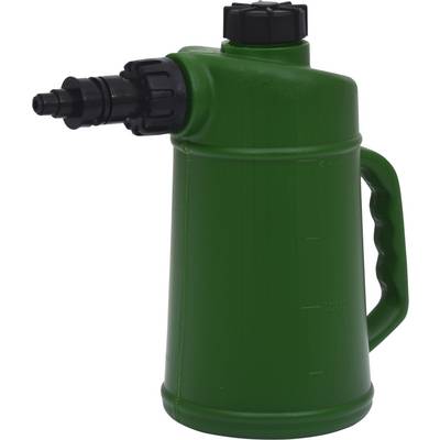 Green pump spray bottle with handle. It has an adjustable nozzle and is used for spraying liquids.