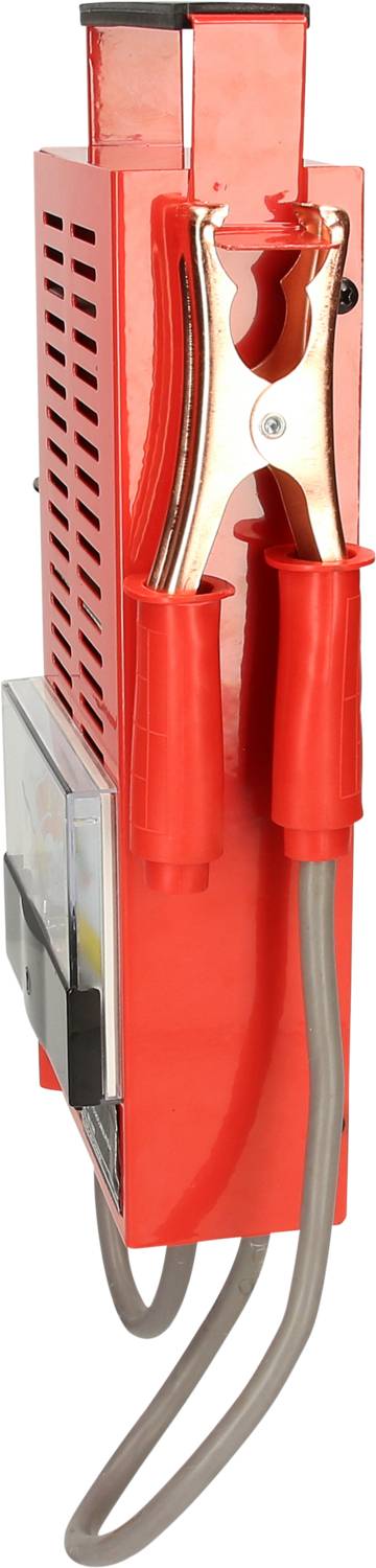 Red battery charger with cables and clamps, suitable for charging vehicle batteries, with insulated handles for safety.