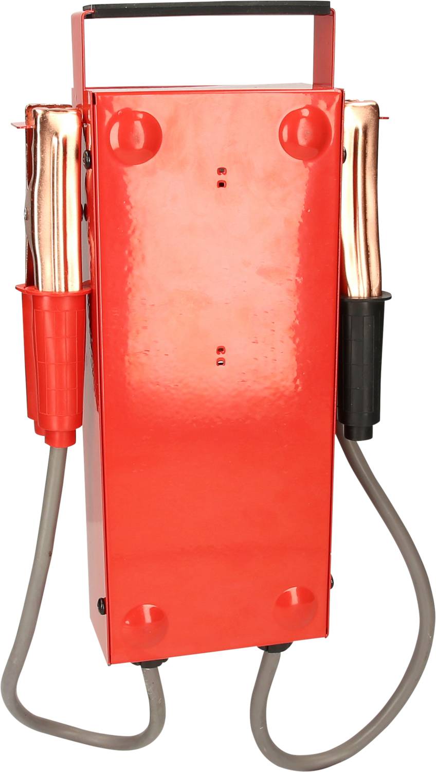 Red electrical device with two metal holders and connections on the side, potentially a tool or equipment for industrial applications.