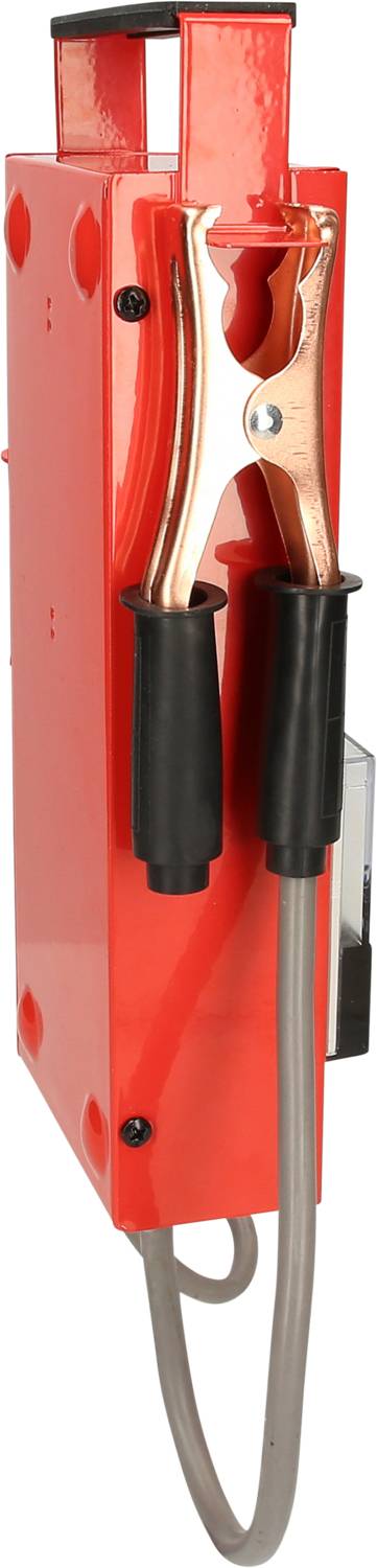 Red jump starter with black rubber clamps and grey cable, wall-mounted.