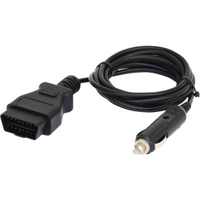 A black OBD-II diagnostic cable, connected to a vehicle charger plug. For connecting to vehicle diagnostic devices.