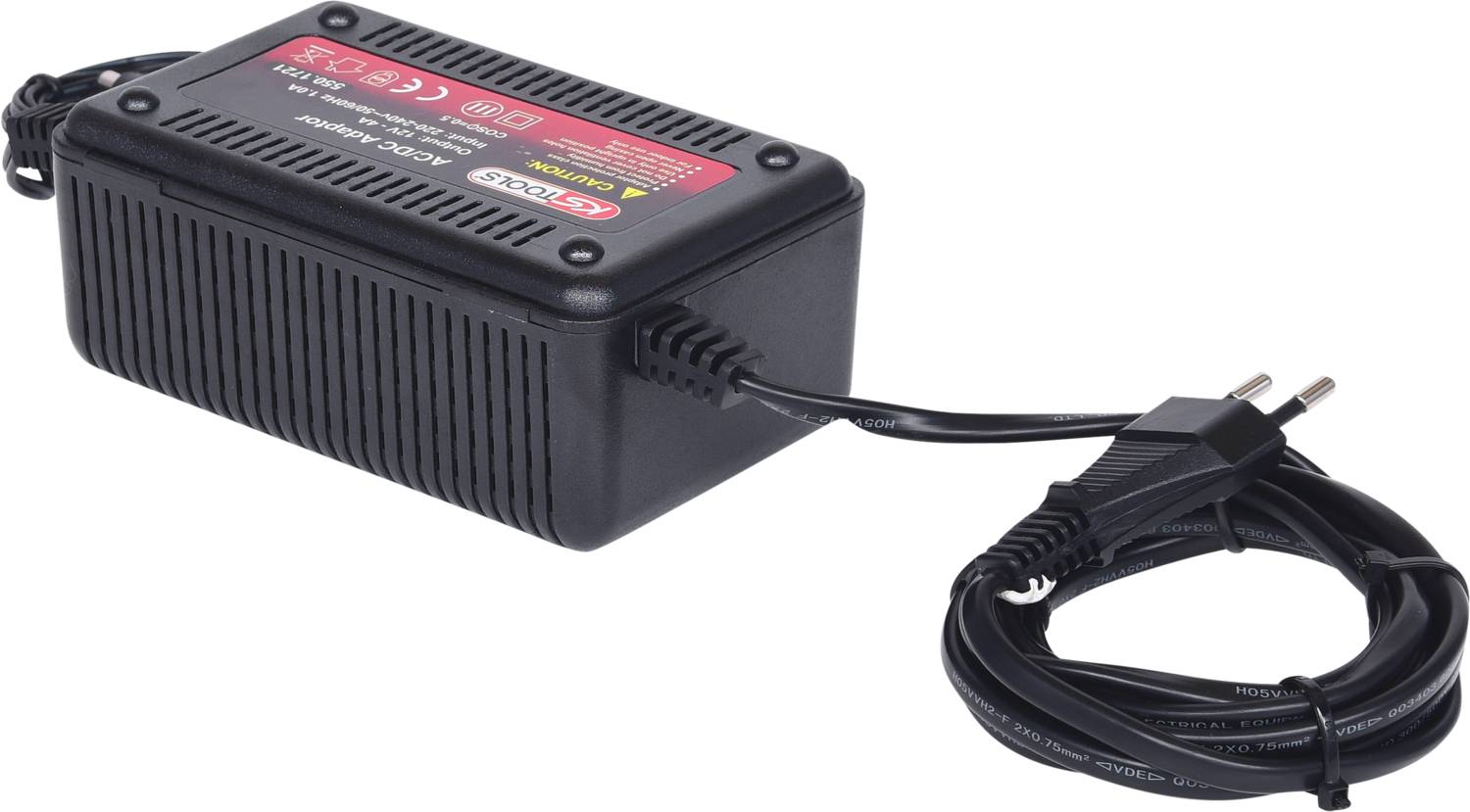 Black power adapter with cable and plug, suitably for electronic devices. Text on the top side is not legible.