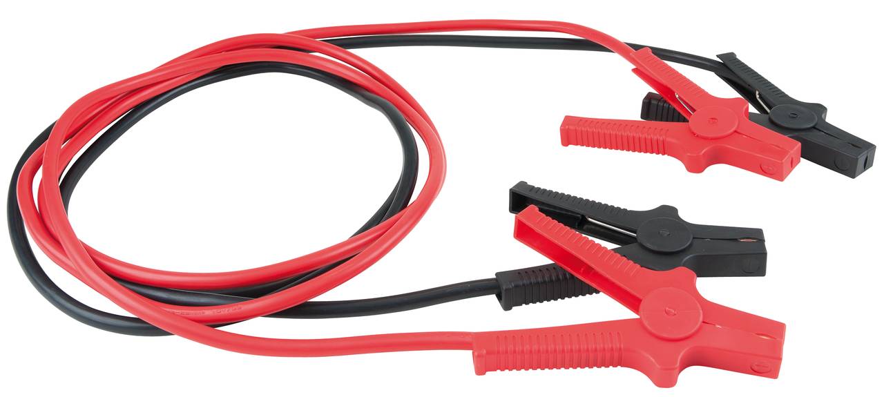 Jump leads (or jump cables) in red and black with crocodile clips, used for starting vehicles with a flat battery.