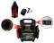 Portable jump starter with 12V output and clamps. Includes charger and batteries shown in detail.