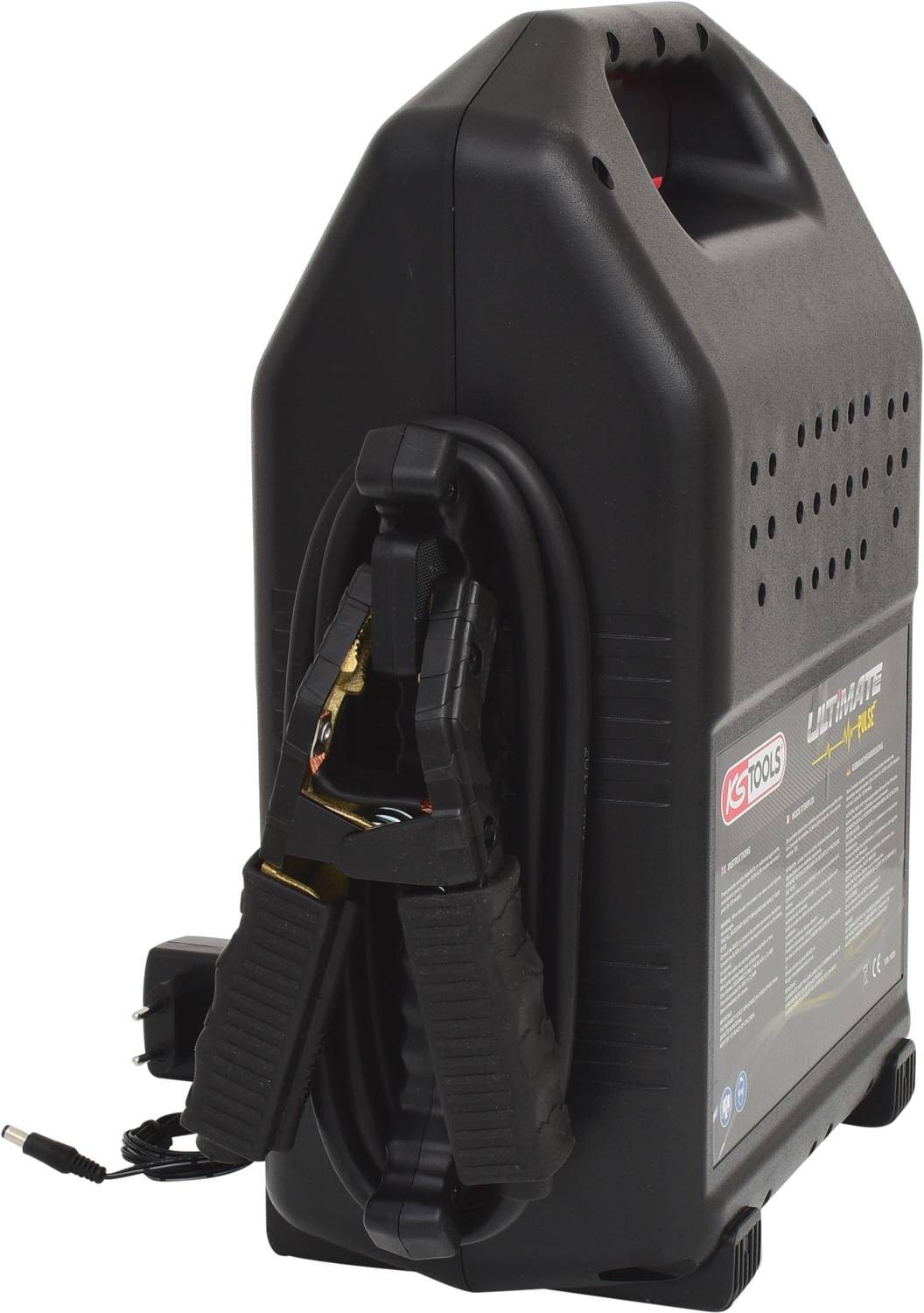 A portable charging device with a cable, suitable for charging vehicle batteries. It is black and has a convenient handle.