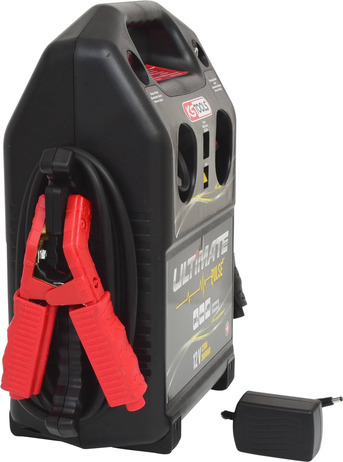 Portable jump starter battery with clamps and power supply. 'Ultimate Plus 600' marking visible. Suitable for vehicles with 12V system.
