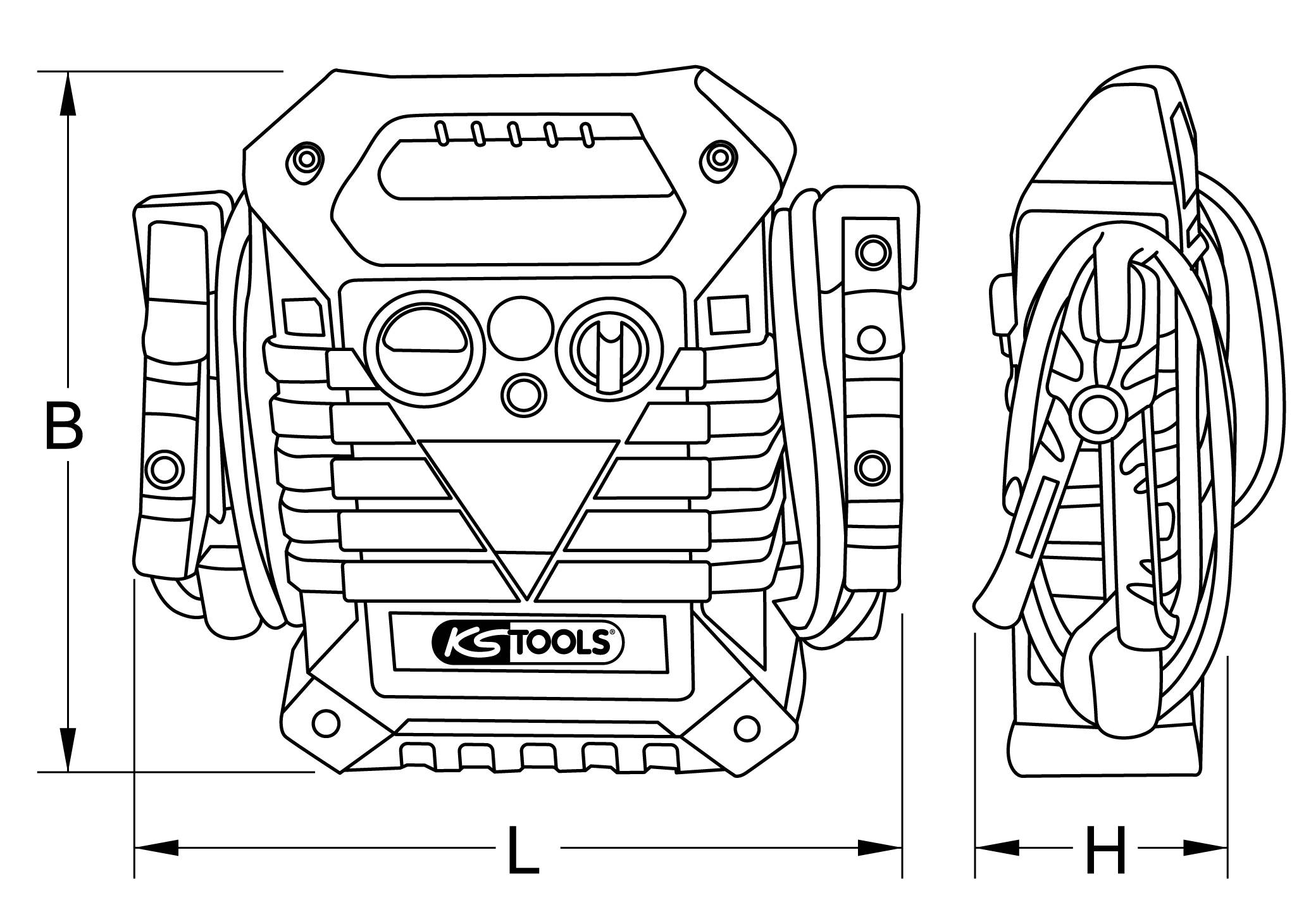 'Black and white illustration of a tool case with various functions and operating elements. Dimensions of length, width, and height shown.'