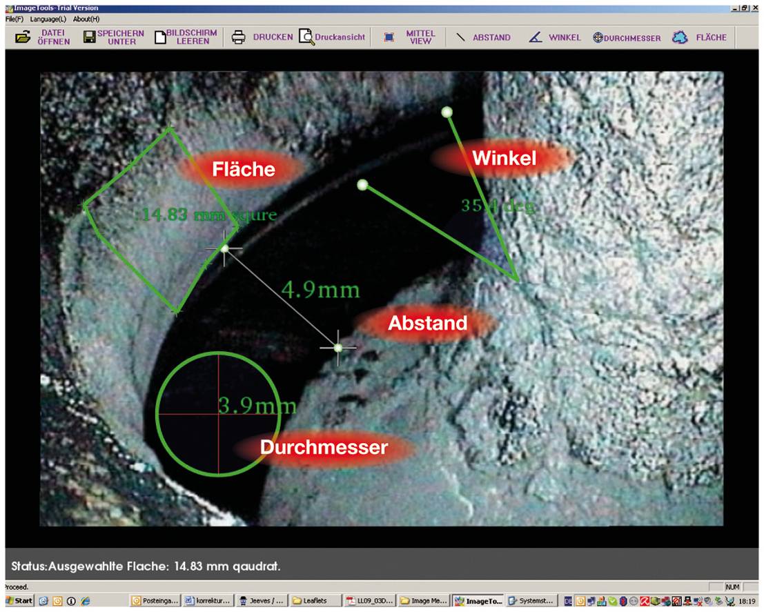 'Image shows technical measurement results: Area 14.83 mm², Diameter 3.9 mm, Distance 4.9 mm, Angle 35°. Dimensions overlaid on contour.'