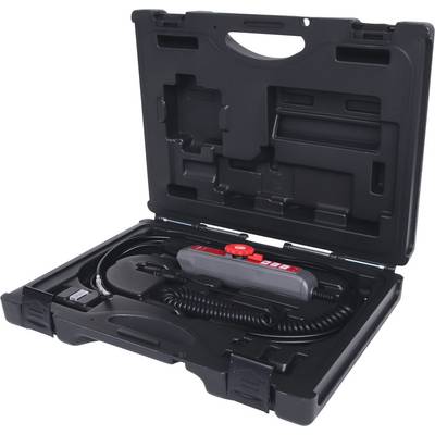 Black plastic case with open lid, containing an electrical device with spiral cable and red control elements.