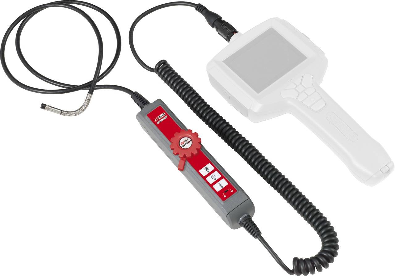 A portable, handheld inspection device with a flexible camera cable and controls for visual inspections in hard-to-reach areas.