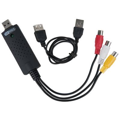 External USB digitiser with multiple cable connections: two USB plugs and three coloured RCA plugs in Yellow, White, and Red.