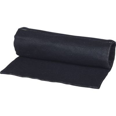 Dark, rolled-up felt blanket on a white background.