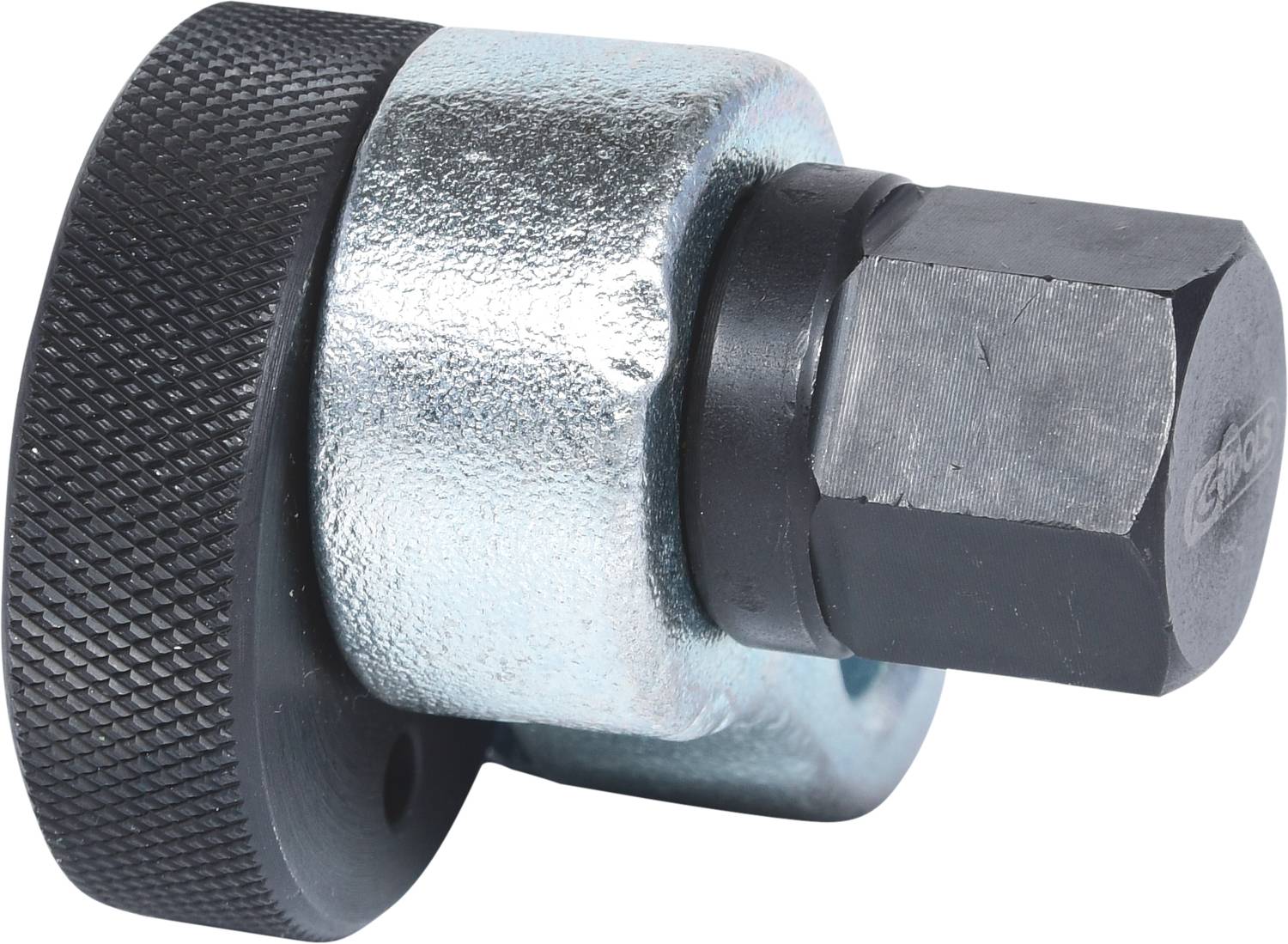 A metallic torque adapter with a knurled handle, cylindrical body, and hexagonal connection for tool inserts.