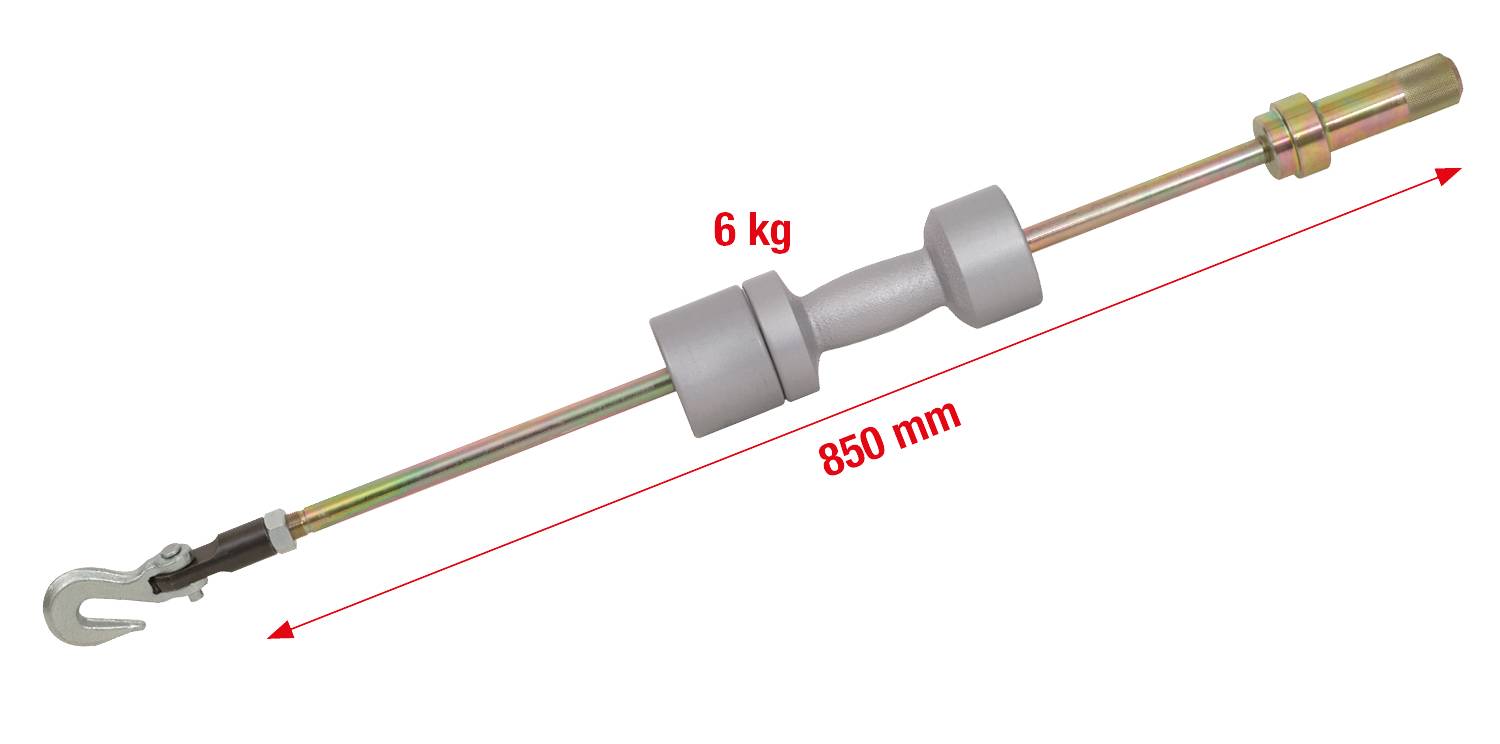 A metal bar with a hook at one end and a handle at the other. Length 850 mm, weight 6 kg, used to support heavy loads.