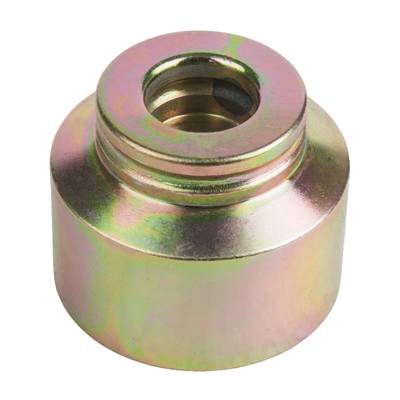 A metallic, cylindrical component with a shiny, slightly iridescent surface and a central bore at the top.