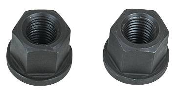 Two black metal hexagonal nuts, side by side on a white background. The nuts are the same size and have an internal thread.