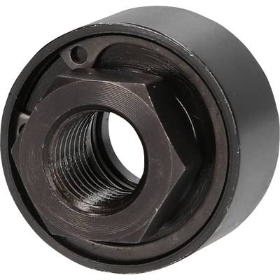 A black metal component with a cylindrical shape and a hexagonal centre, likely an industrial coupling or screw component.