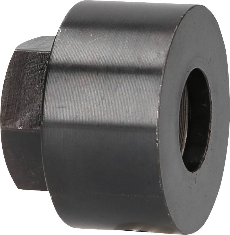 Black, cylindrical metal component with a central hole and a hexagonal base, likely a machine part or a bushing.