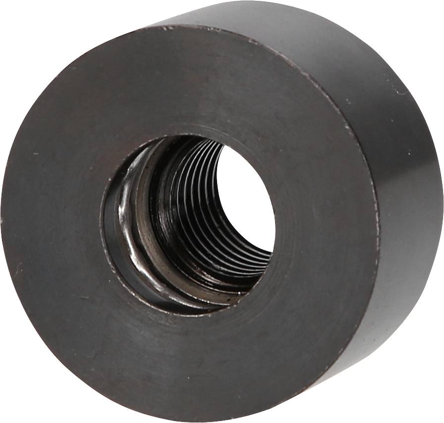 Black metal threaded component, cylindrical, with internal threading, against a light background. The part is suitable for mechanical connections.