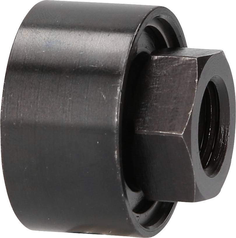 Black metal adapter with a cylindrical body and integrated hexagonal socket.