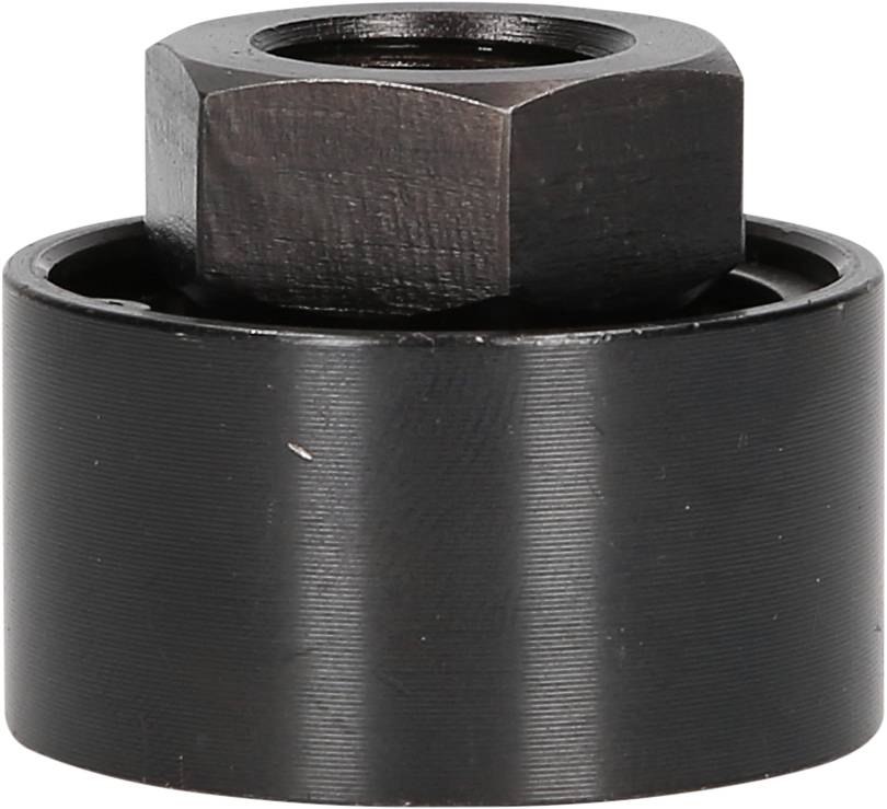 A black, cylindrical metal piece with a hexagonal head on top. It appears to be a mechanical tool or component.