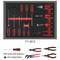 A set of red and black hand tools, including screwdrivers, pliers and a ring spanner. Model number: 711.0013.