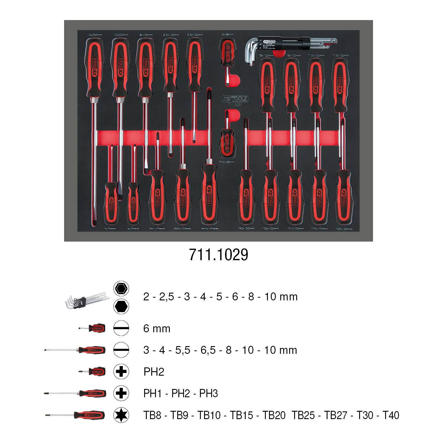 Set of red screwdrivers in various sizes in a foam organiser. Size range below: 2 to T40.