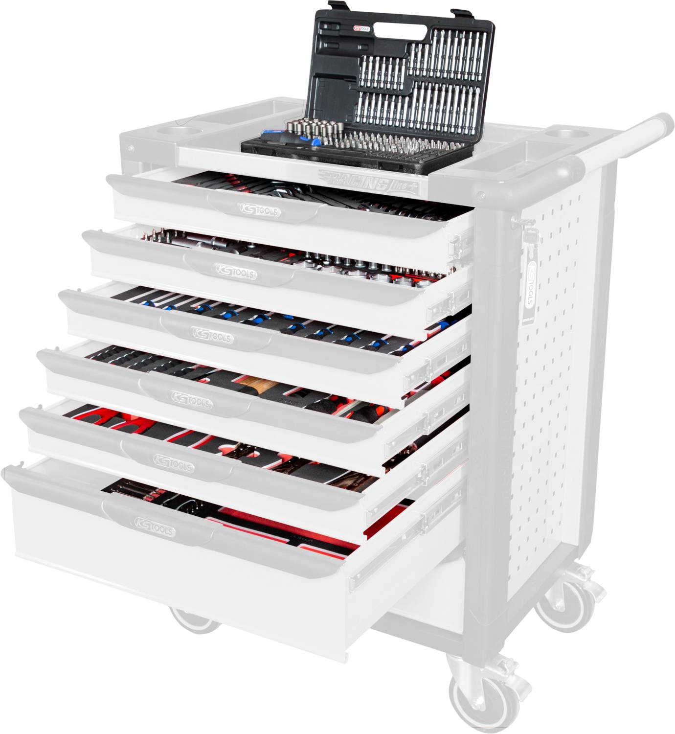 Tool trolley with open drawers, filled with various tools, and a tool set on the work surface on top.