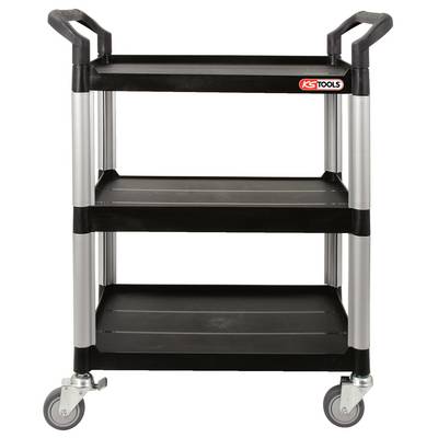 A black multi-tiered trolley with three shelves and two handles, suitable for tool storage and transportation in workshops or garages.