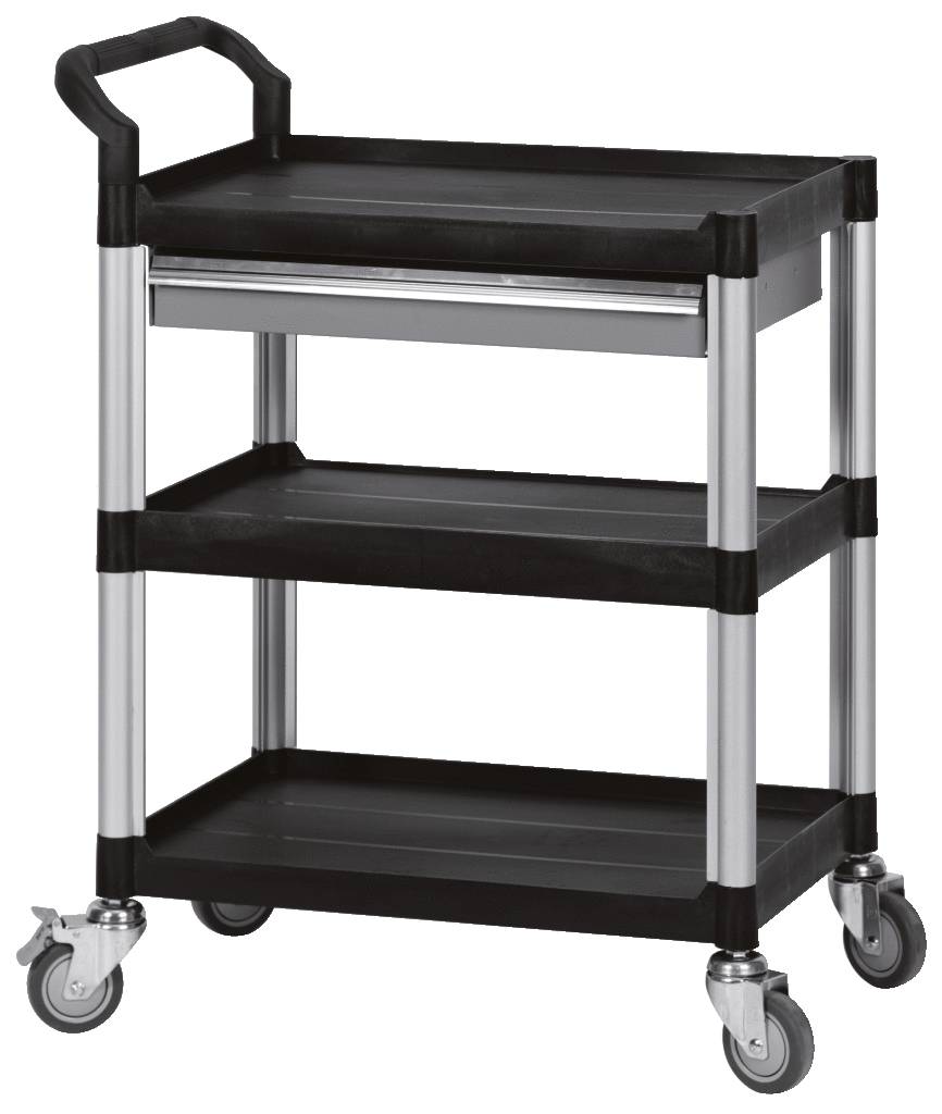 Black transport trolley with handle and three shelves, mounted on four wheels. Silver corner frames for added stability.