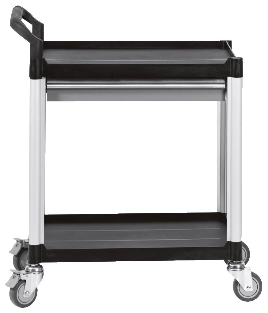 A grey and black trolley with two shelves and four castors, suitable for transporting items indoors.
